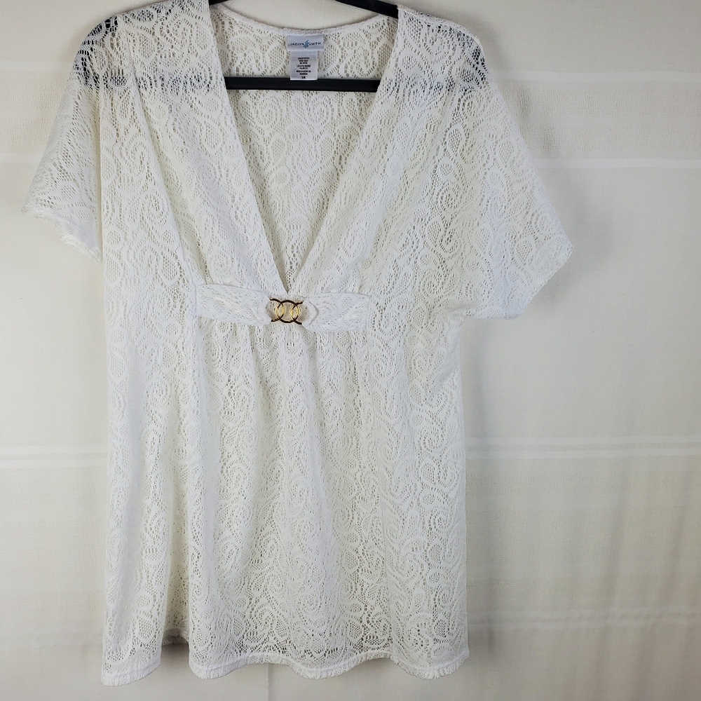 Jaclyn Smith white lace vneck coverup L